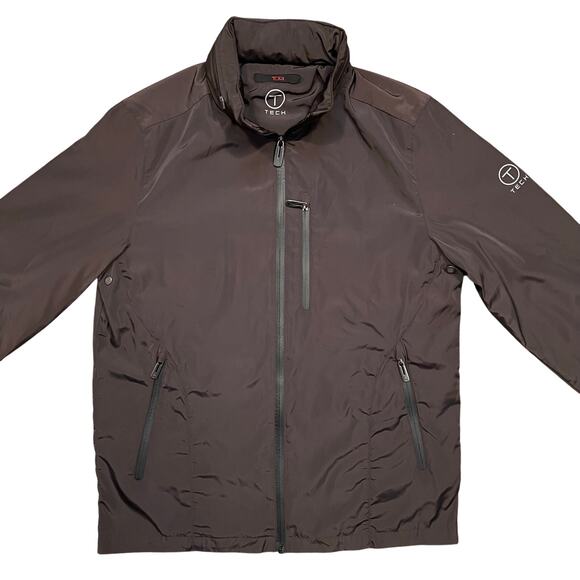 TECH by Tumi Brown Full-Zip Waterproof Hidden Hood Packable Jacket Mens Small - Picture 3 of 14